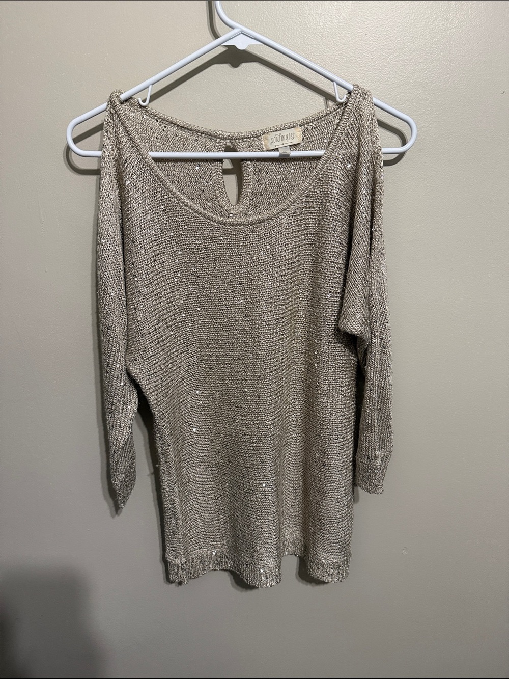 Soulmates Metallic Off-the-Shoulder Knit Sweater - Champagne Beige